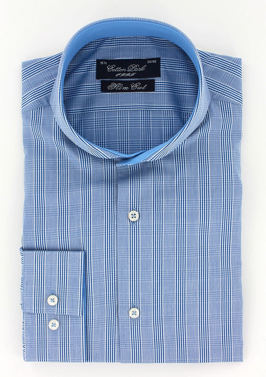 Chemise cintrée col cutaway prince-de-galles bleu marine