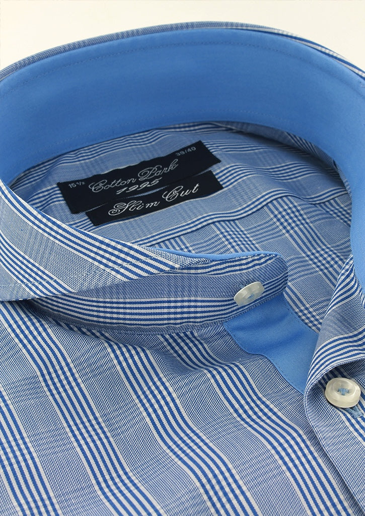 Chemise cintrée col cutaway prince-de-galles bleu marine