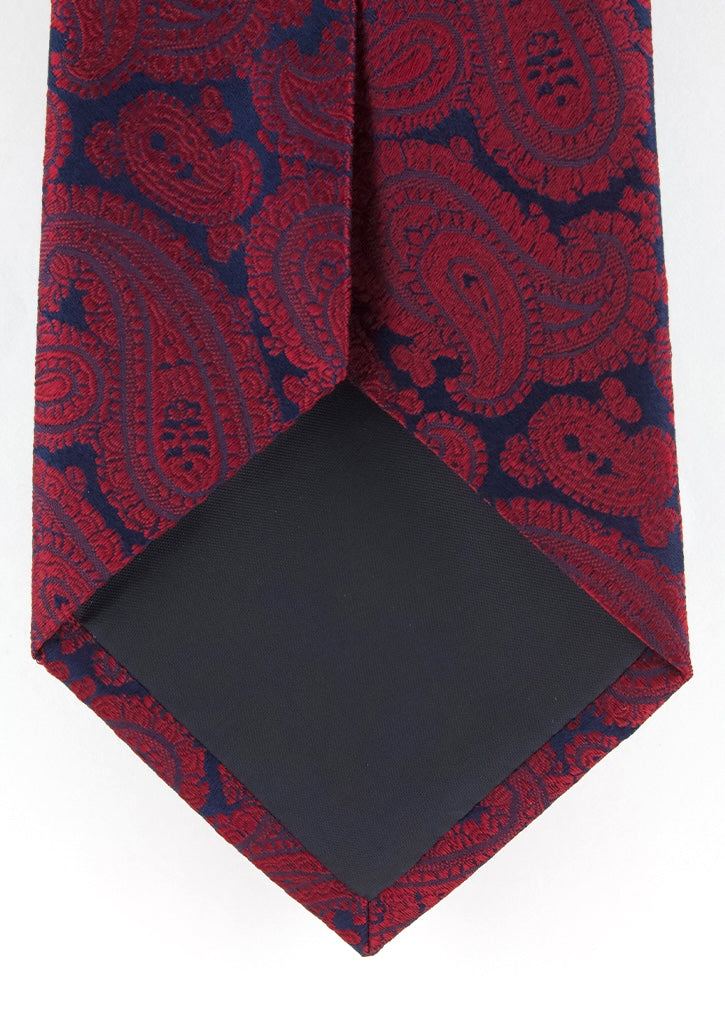 Cravate en soie tissée rouge motif paisley bleu marine