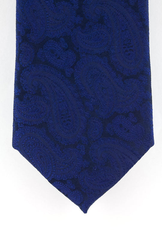 Cravate en soie tissée bleu royal motif paisley bleu marine