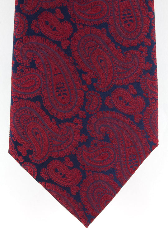 Cravate en soie tissée rouge motif paisley bleu marine