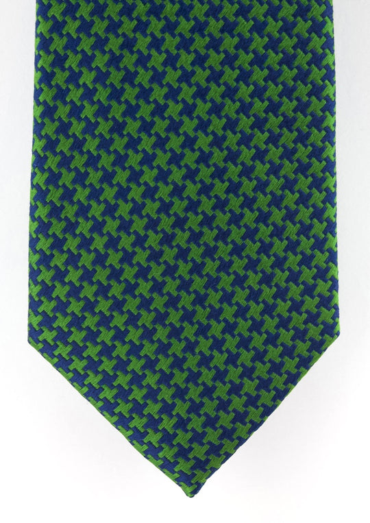 Cravate en soie tissée verte motif pied-de-poule bleu marine