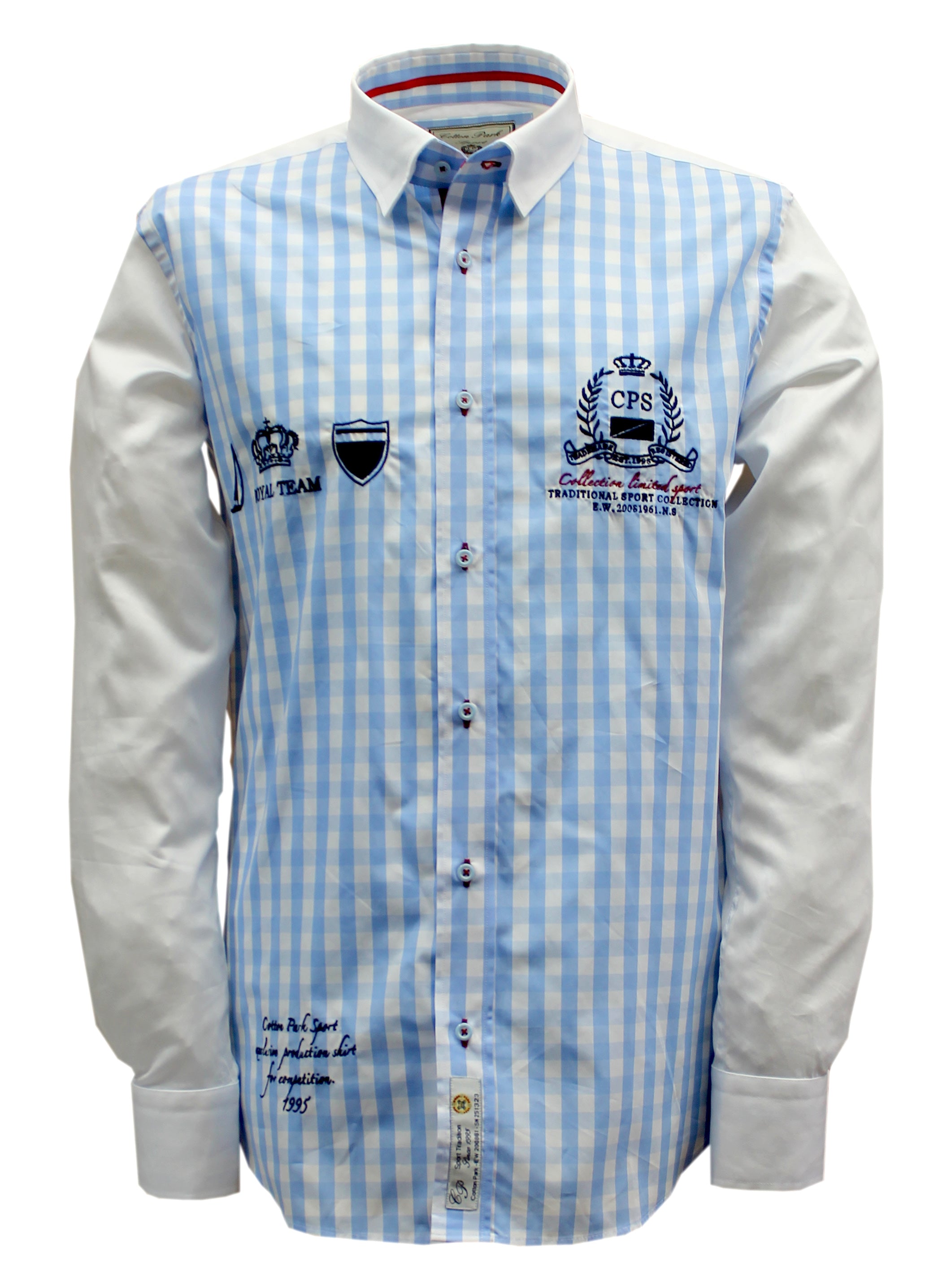 Sporty chic beige and sky blue check embroidered shirt | Cotton Park