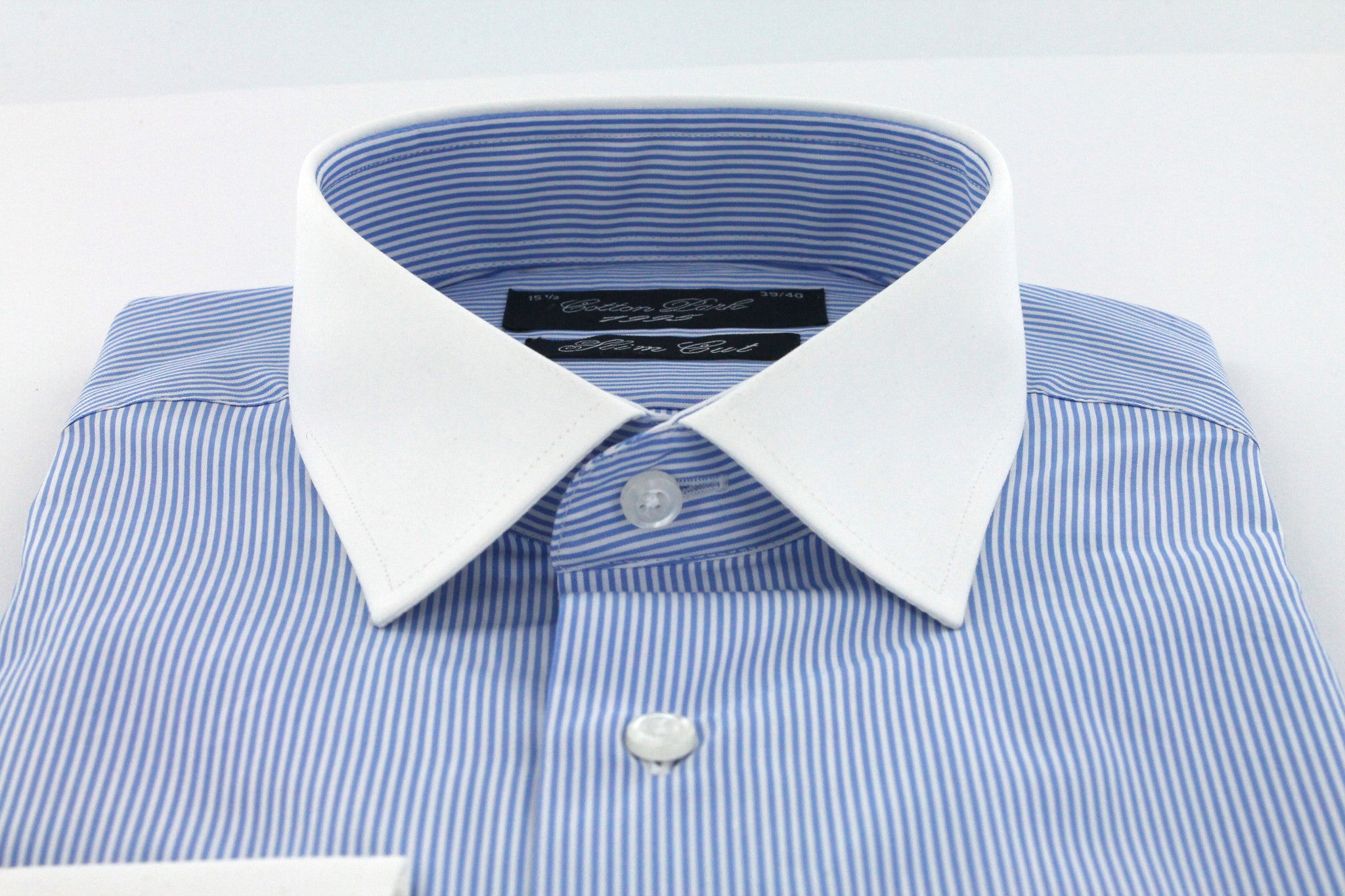 Blue striped fitted shirt with white collar and cuffs| Cotton Park